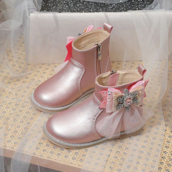 Girls' Short Boots Autumn New Children's Single Boots Little Girls English Style Leather Boots Bow Knot Plush Boots 