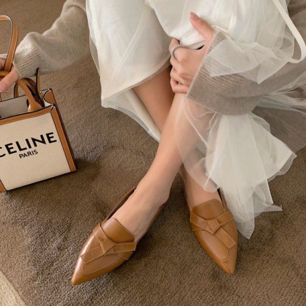 Spring and Autumn New Solid Color Low Heel Shoes, Two Wear Single Shoes, British Style Pointed Bow Inner and Outer Full Leather Women's Shoes 