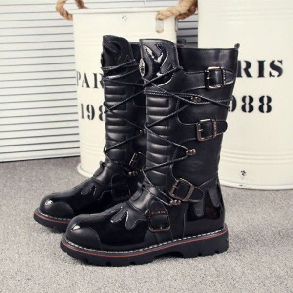 Korean version thick soled men's high tube big head leather boots totem fashion boots long tube shoes work clothes 