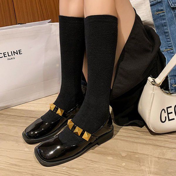 New Cowhide Square Head Single Shoes for Women's Spring and Autumn Retro Genuine Leather Riveted Small Leather Shoes for Women's French JK Mary Jane Women's Shoes 
