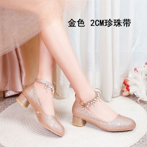 Silver single shoe women's dress with round toe high heels 