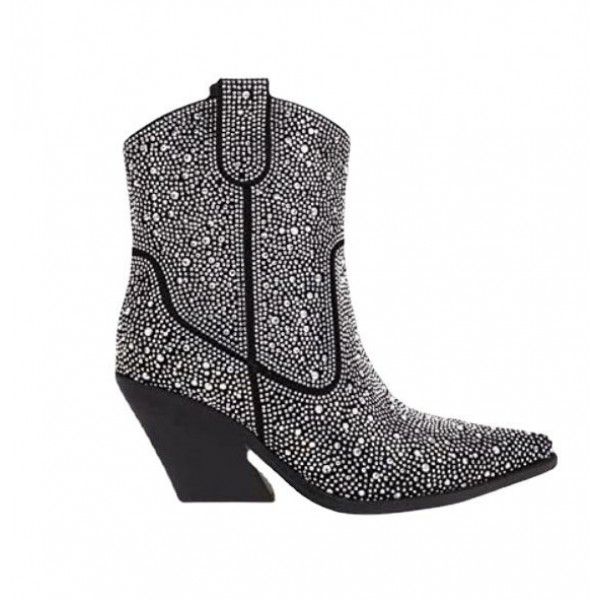 Pointed thick heeled short boots with customized rhinestone sequins in European and American style 