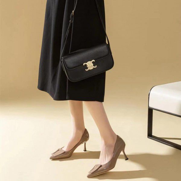 Soft leather pointed thin heels, fashionable high heels, women's spring and summer new Korean version square buckle shallow mouth non grinding sole shoes 