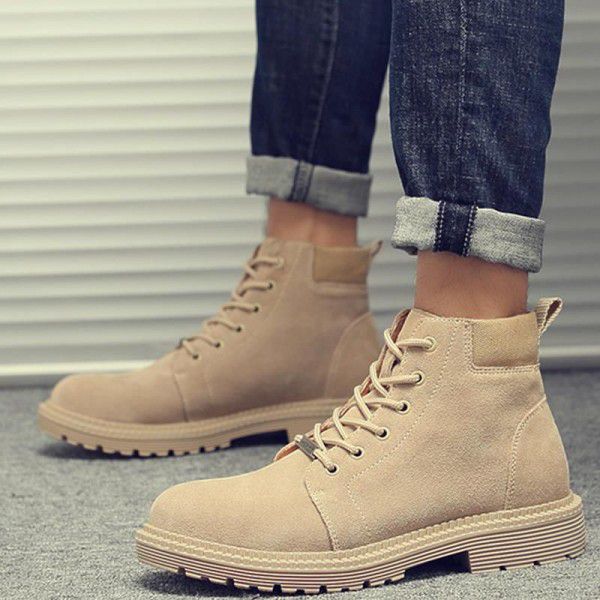 Men's retro style medium top British style work attire boots, cow suede high top, autumn and winter plush 