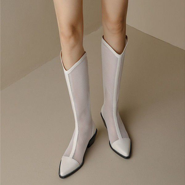 New Spring/Summer Long Boots Women's Thick Heel Mesh Boots Hollow Cool Boots Summer Breathable Thin Mesh Long Boots 