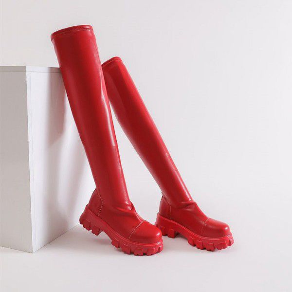 Thick sole elastic boots, women's candy colored knee boots, personalized trend, versatile sock boots 