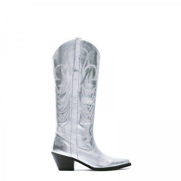High boots, silver embroidery, Chelsea long boots, Western denim style knight boots 