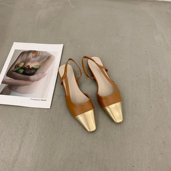 French low heeled small fragrant style baotou sandals for women's shoes, new spring and summer gold square toe 