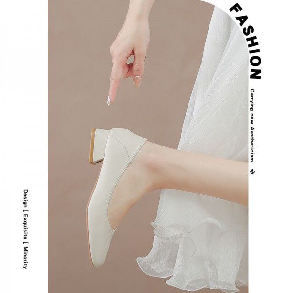 Women's shoes, grandma's shoes, women's thick heels, spring and autumn French style single shoes, medium heels, shallow mouth, soft soles 