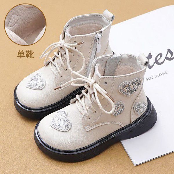 Girls' Martin boots, short boots, soft sole single boots, plush British style princess boots, cotton boots, autumn and winter children's shoes 