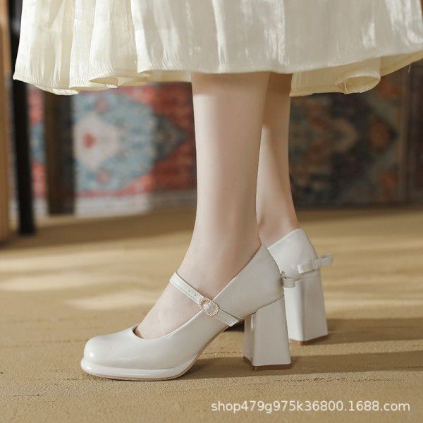Mary Jane High Heels Women's New Thick Heel Waterproof Platform Round Toe French One line Buckle with Shallow Mouth Commuter Single Shoes 