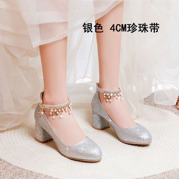Silver single shoe women's dress with round toe high heels 