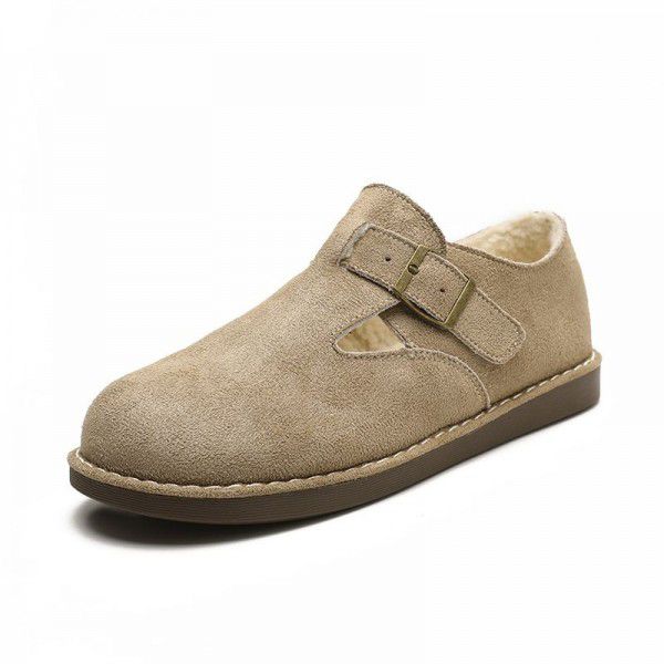 Women's autumn and winter outerwear leather plush casual flat sole single shoes for women's versatile retro soft soled Bucken shoes 