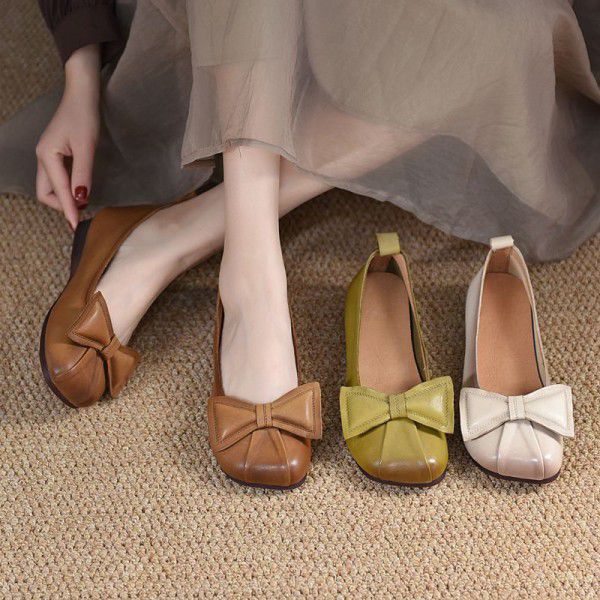 Literary Forest Women's Small Fresh Single Shoes Women's Comfortable Soft Sole Soft Top Women's Shoes Bow Shallow Oral Layer Cowhide Shoes Versatile 