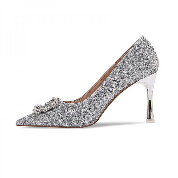 New Summer Crystal High Heels Wedding Shoes Black Professional Work Shoes Formal Water Diamond Square Button Women's Single Shoes 