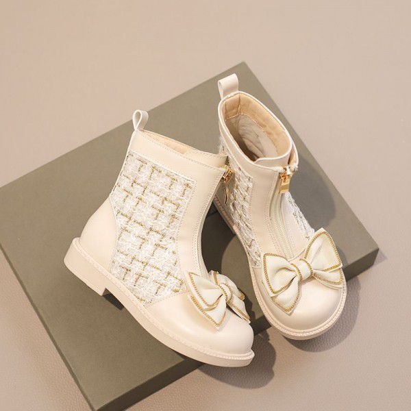 Girls' Martin Boots Winter New Plush Children's Single Boots Little Girls' Short Boots Fashionable Bowknot Leather Boots 