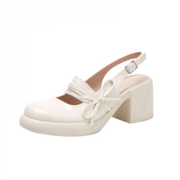 Summer New Bow Knot Shallow Mouth Mary Jane Single Shoe Women's Gentle Style Thick Root Round Head Back Hollow High Heels 