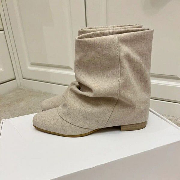 Rugged design linen short boots, autumn pile up boots, flat bottomed thick heels, round toe fashion boots 