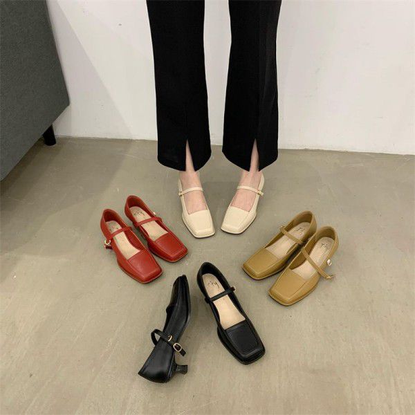 Red Mary Jane Shoes Women's Shoes Spring and Autumn New Hepburn Square Head French Fairy Shoes Gentle Single Shoes 