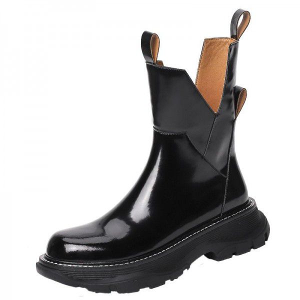 British Martin Boots Women's Lacquer Leather Thick Sole Autumn and Winter New Long Sleeve Slim Knee Length Boots 