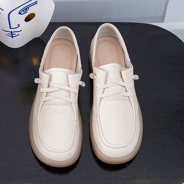 Spring/Summer Round Head Casual Women's Shoes Flat Sole Single Shoes Soft Leather Soft Sole Lazy Shoes Comfortable and Versatile Cow Muscle Sole Shoes 