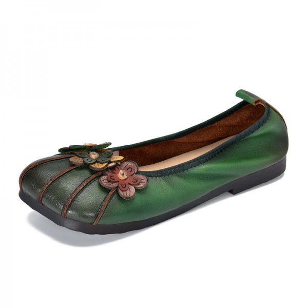 New Niupisen Series Women's Single Shoes Handmade Soft Sole Round Head Small Floral Contrast Color Single Shoes 
