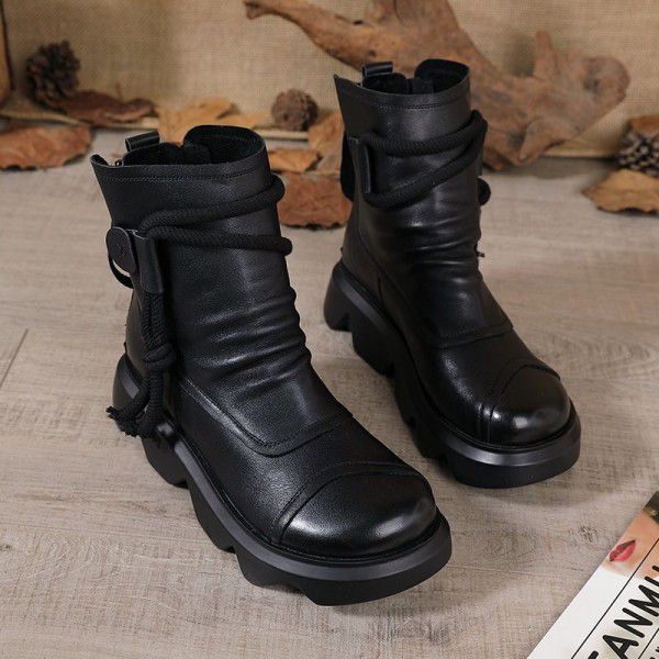 New Genuine Leather Women's Boots Short Boots Women's Matsutake Thick Sole Martin Boots Women's Retro 