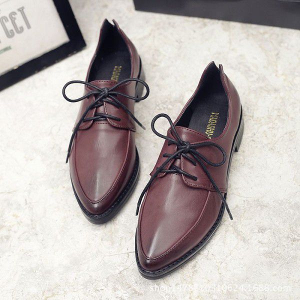 Spring and Autumn Block Women's Shoes British Lace up Pointed Retro College Style Low Heel Small Leather Shoes Single Shoe Girl 