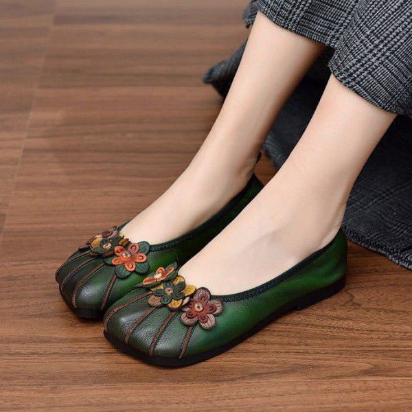 New Niupisen Series Women's Single Shoes Handmade Soft Sole Round Head Small Floral Contrast Color Single Shoes 