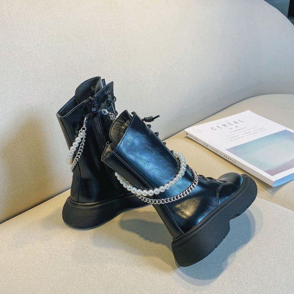 Winter Children's Shoes New Girls' Fashion Pearl Chain High Boots Little Girls' Knee Length Plush Martin Boots 