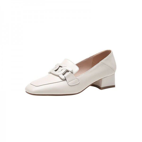 Spring and Autumn New Genuine Leather Leisure Lefu Women's Single Shoes Korean Edition Comfortable Middle Heel Shoes Square Headed Retro Commuter Women's Shoes 