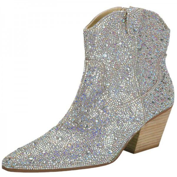 Pointed thick heeled short boots with customized rhinestone sequins in European and American style 