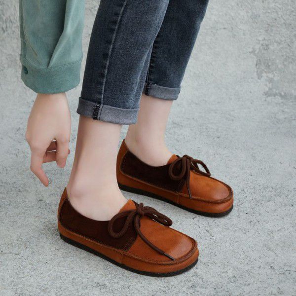 Spring New Style Handsome Casual Cowhide Round Head Colored Lace up Women's Shoes Flat Heel Soft Sole Single Shoe 
