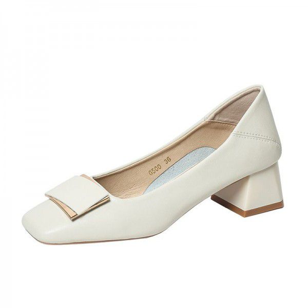 New square toe thick heel genuine leather single shoes for women's OL professional work shoes, high heels, sheepskin shallow mouth women's shoes 