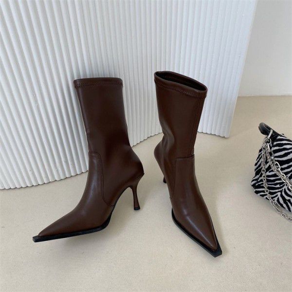 New High Heel Short Sleeve runway Boots Pointed toe Thin Heel Women's Shoes and Boots Elastic Soft Leather Fashion Boots for Women 