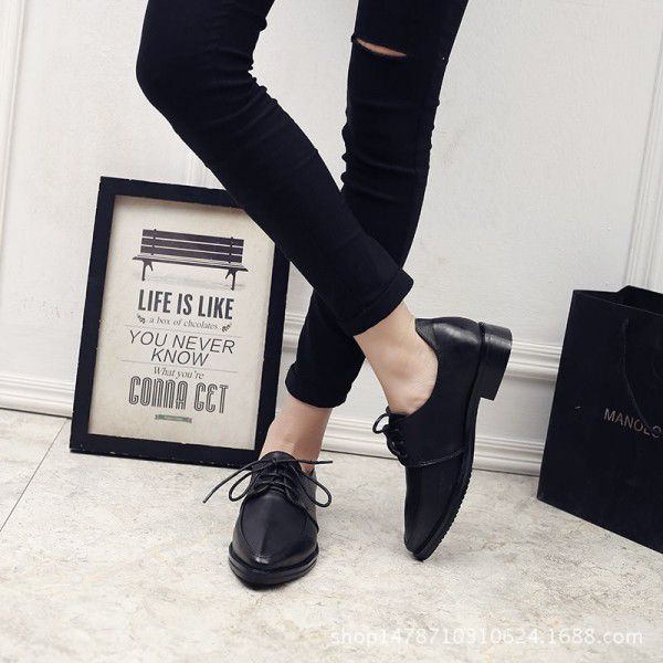 Spring and Autumn Block Women's Shoes British Lace up Pointed Retro College Style Low Heel Small Leather Shoes Single Shoe Girl 