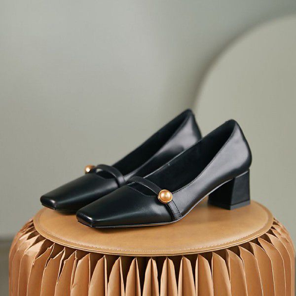 French retro single shoe women's middle heel new thick heel cowhide square toe shallow cut Mary Jane women's shoes 