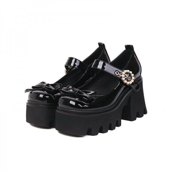 Thick soled Mary Jane shoes, patent leather, spring and autumn new bow tie, thick heels, super high heels, women's single shoes, British style small leather shoes 