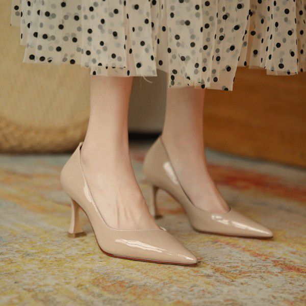 Spring Temperament Commuting Naked High Heels, Sheep Lacquer Leather, Simple Pointed Head, Shallow Mouth, Thin Heels, Work Professional Single Shoe Girl 