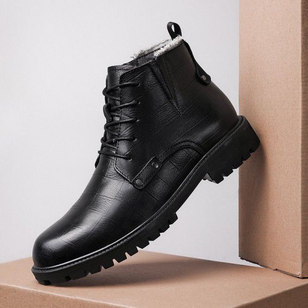 Winter oversized Martin boots for men's boots, top layer cowhide for men's short boots, English plush boots, trend high top men's shoes 