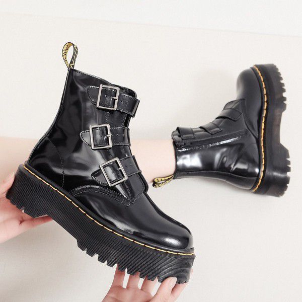 High top women's boots, genuine leather motorcycle, three buckle thick sole sponge cake 