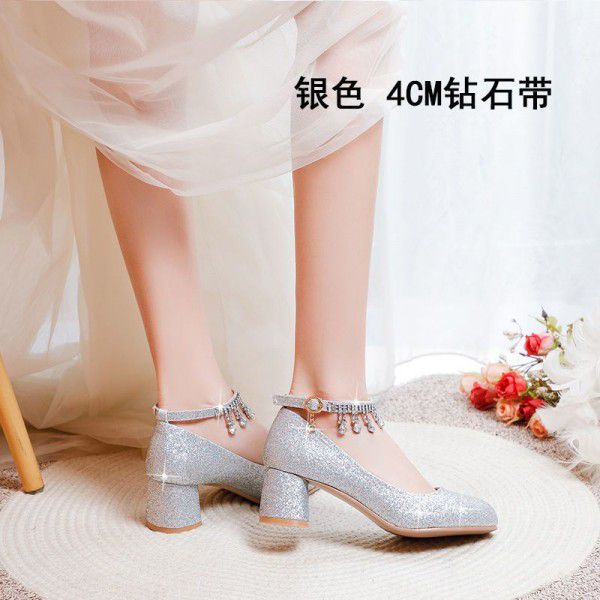 Silver single shoe women's dress with round toe high heels 
