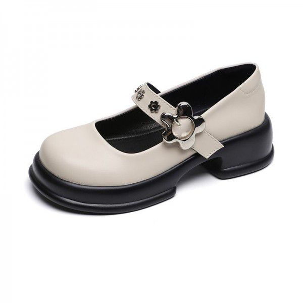 Mary Jane Shoes Women's New Round Toe Thick Sole French Vintage Single Shoe Academy One Line with Thick Heels Large Women's Shoes 