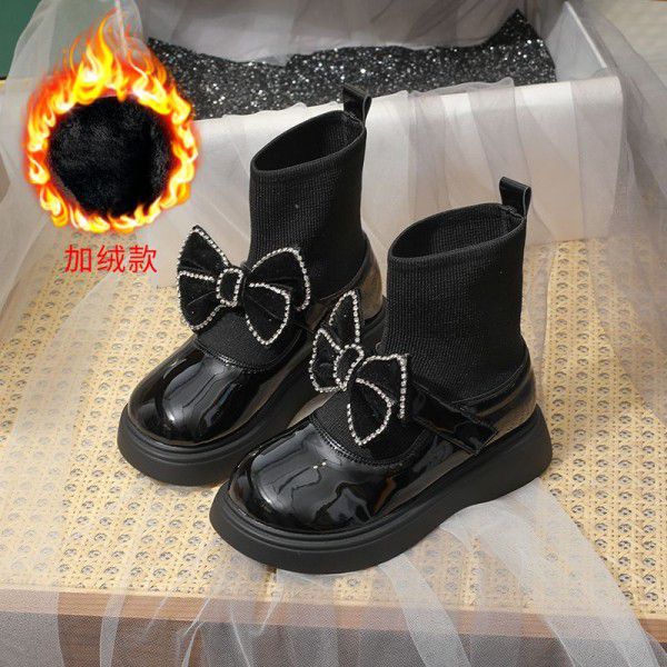 Girls' short boots=new autumn and winter bow knot children's princess single boot soft sole baby socks leather boots 