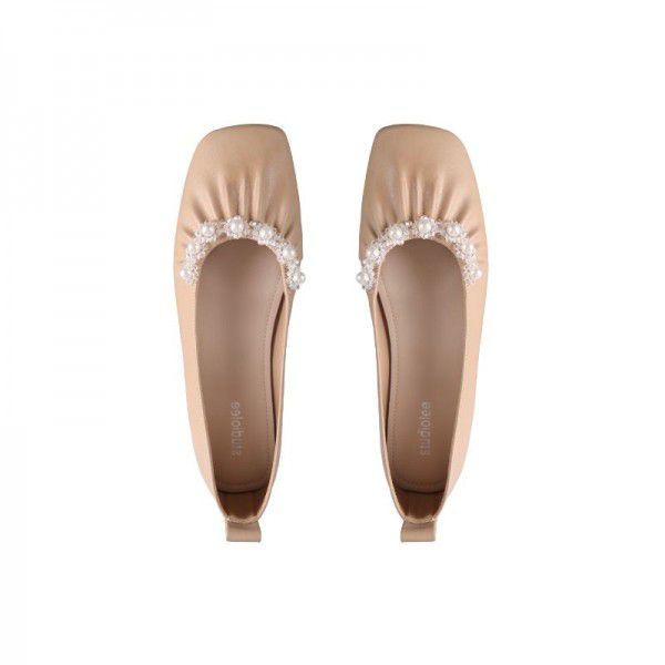 French Gentle Pearl Granny Shoes with Shallow Mouth, Square Head, Soft Flat Bottom, Elegant Single Shoe, Female Summer 