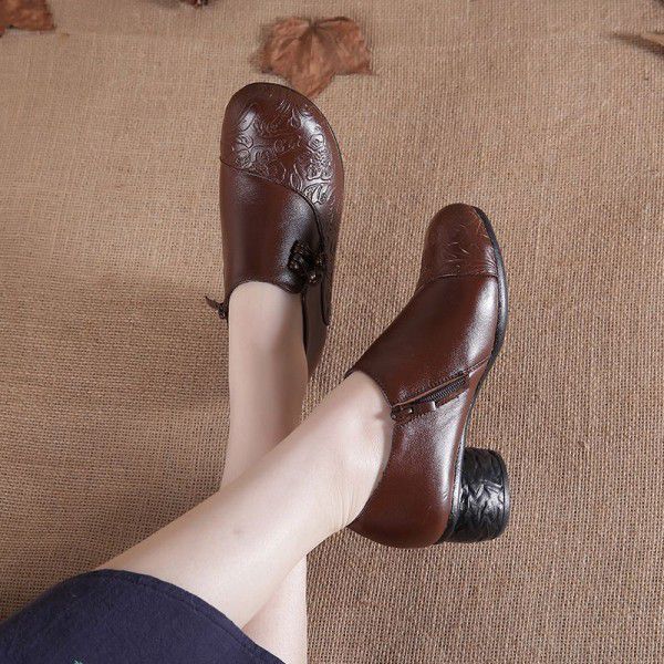 Spring and Autumn Retro Ethnic Style Single Shoes Thick Heel Middle and Old Age Single Shoes Deep Mouth Comfortable Middle Heel Versatile Anti slip Women's Shoes 