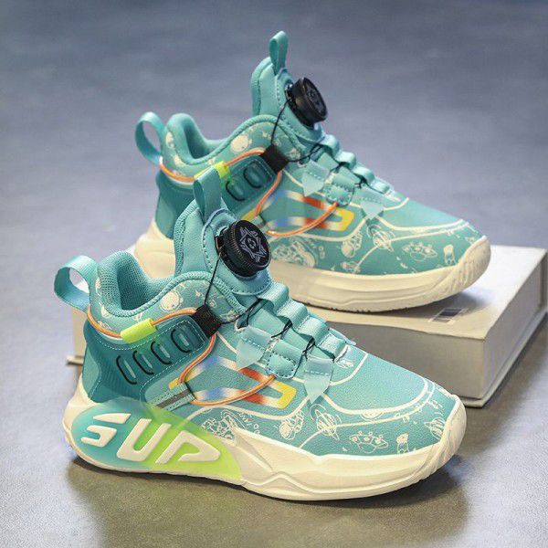 Children's Basketball Shoes Professional Training New Football Shoes Rotating Button Leather Surface Waterproof Medium to Large Children's Sports Shoes Anti slip Moisture 