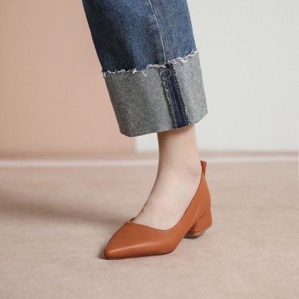 New cowhide pointed soft sole single shoe with lychee pattern thick heel and genuine leather low heel for versatile slim and shallow cut shoes 