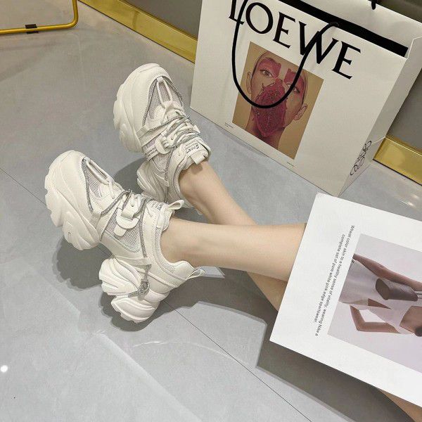 Genuine leather thick soled dad shoes for women's spring and summer new casual and versatile sports small white shoes Korean version with lace up mesh surface 