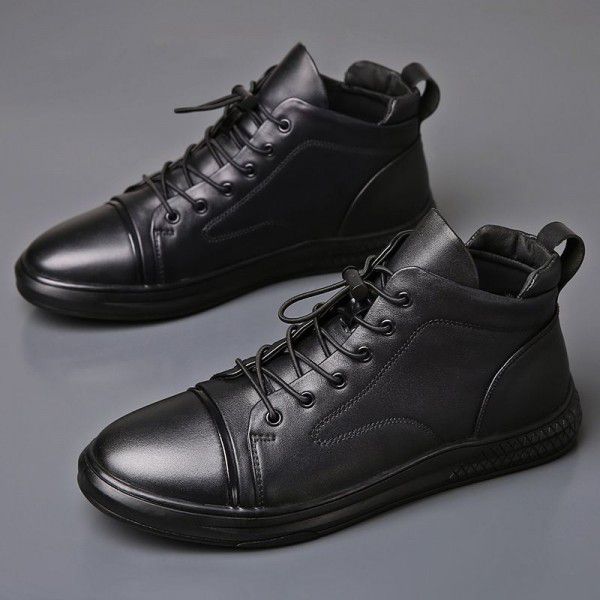 Autumn and winter high top plush insulated leather boots, large size 47, high top genuine leather men's short boots 